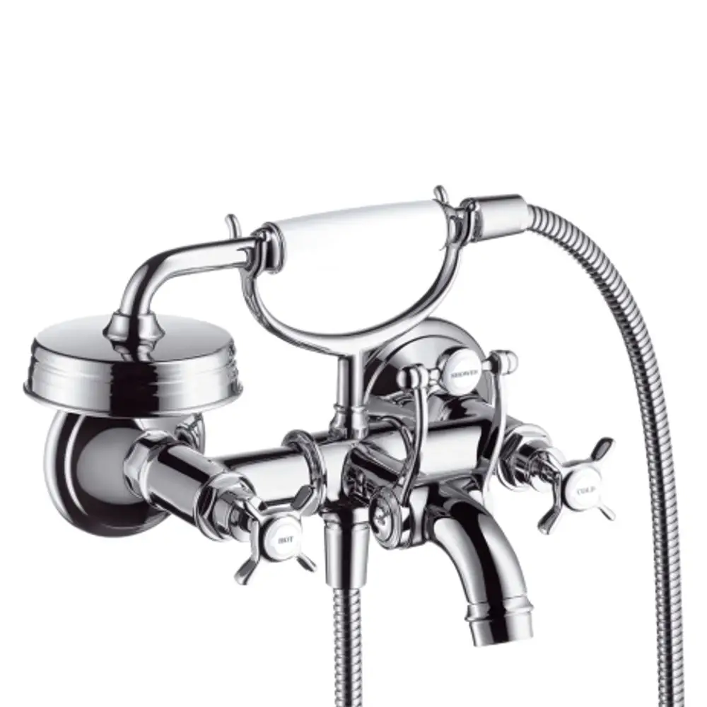 Wannenarmatur mit zwei Kreuzgriffen in Chrom von AXOR, mit Handbrause und flexibler Schlauchverbindung, monochromatischem Design.